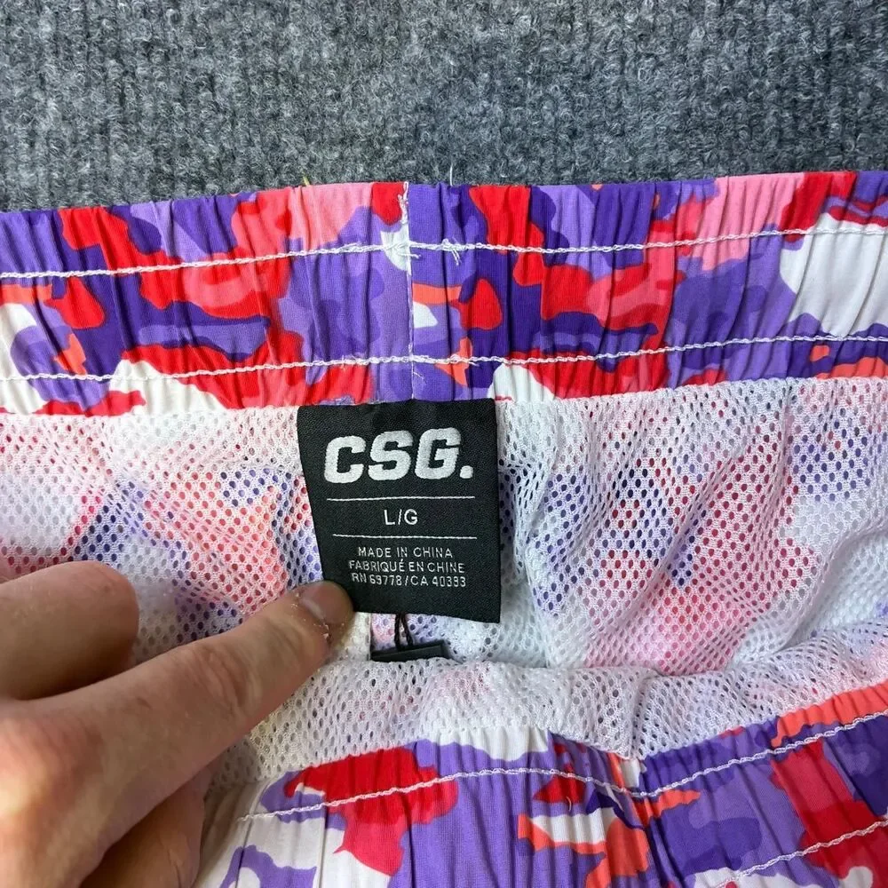 CSG Swim Trunks Men’s Large Red Purple Camo Mesh Lined Drawstring NWT